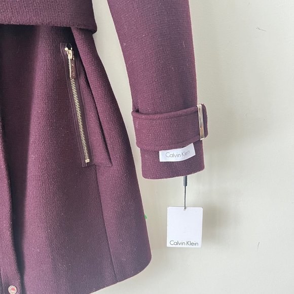 NEW! Calvin Klein Faux-Fur-Trim Asymmetrical Wool Belted Coat Burgundy, Size 6 - Picture 9 of 16